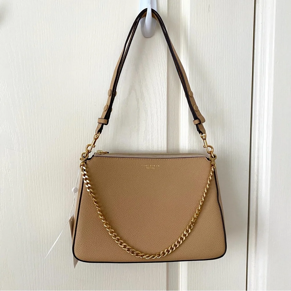 $400 NWT Tory Burch Perry Brown Tan Pebble Leather Gold Chain Strap Shoulder Bag